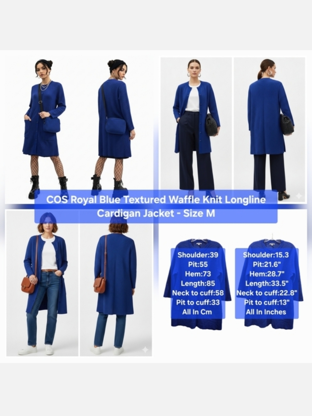 COS Royal Blue Textured Waffle Knit Cardigan Jacket Size M